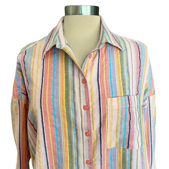 ANTHRO Pilcro Long Sleeve Striped Boyfriend Oversized Shirt S/M Casual Work Fall - Picture 3 of 12